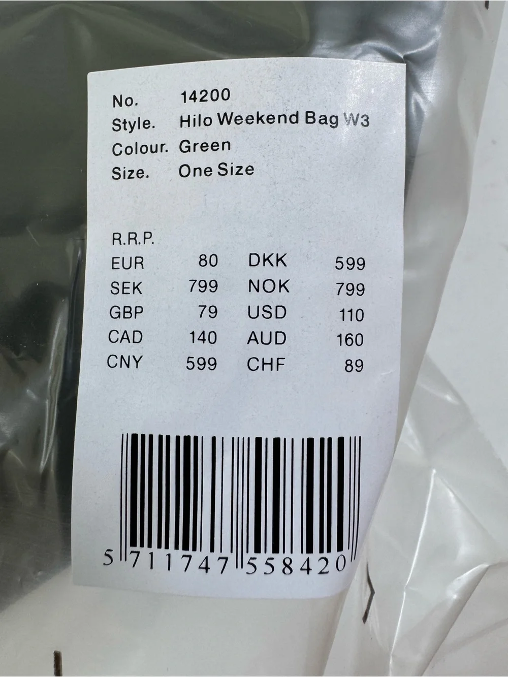 NWT Rains Waterproof Hilo Weekend Duffle Bag W3 14200 Green